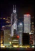 Bank of China (369m) and Cheung Kong Center (290m) buildings  across  harbor by night. Hong-Kong, China