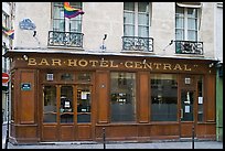 Old Bar hotel and rainbow flag. Paris, France