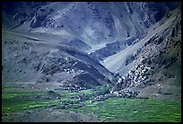 Cultivated fields, village, gompa, and barren mountains, Zanskar, Jammu and Kashmir. India