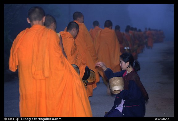 Woman gives alm during morning procession of buddhist monks. Luang Prabang, Laos (color)