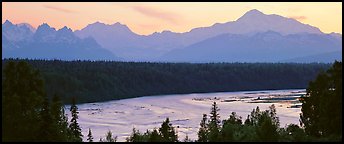 Wide river and Alaska range at sunset. Denali  National Park (Panoramic color)