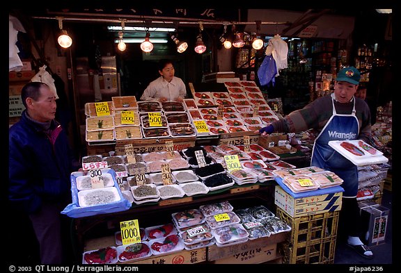 Seafood store in a popular street. Tokyo, Japan (color)
