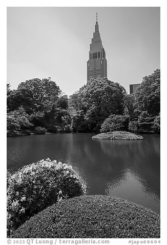 Kami-no-ike Pond and Decomo Tower, once the tallest building in Japan, Shinjuku. Tokyo, Japan (black and white)