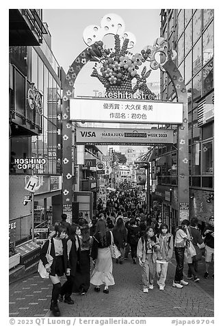 Entrance gate to Takeshita Street, Harajuku. Tokyo, Japan (black and white)