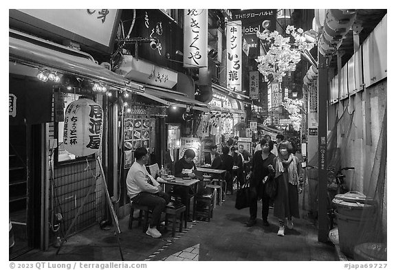 Yakitori Alley at night, Shinjuku. Tokyo, Japan (black and white)