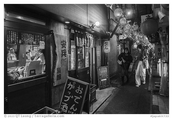 Omoide Yokocho alley lined up with eateries, Shinjuku. Tokyo, Japan (black and white)