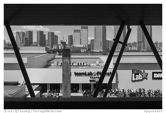 TeamLab building and Chuo skyline. Tokyo, Japan (black and white)