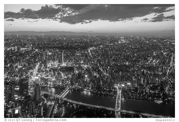 City view from above at twilight, Asakusa. Tokyo, Japan (black and white)