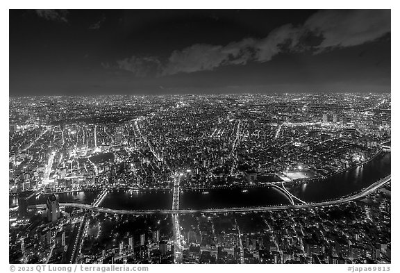 City view from above at night, Taito. Tokyo, Japan (black and white)