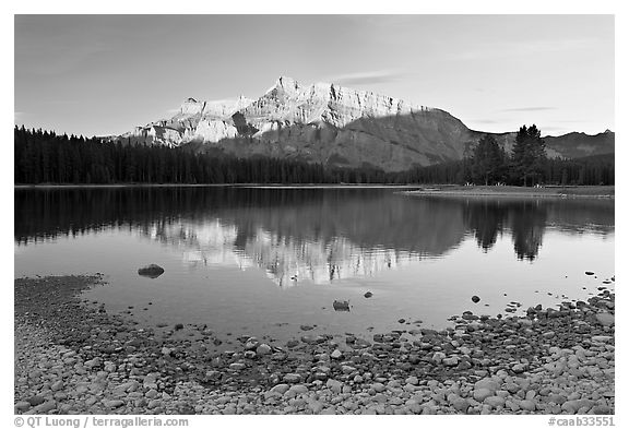 Two Jack Lake shore and Mt Rundle, early morning. Banff National Park, Canadian Rockies, Alberta, Canada (black and white)