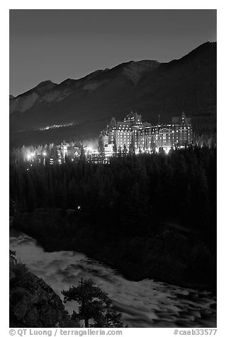 Banff Springs Hotel and Bow River from Surprise Point at night. Banff National Park, Canadian Rockies, Alberta, Canada