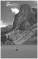 Canoe on Moraine Lake, afternoon. Banff National Park, Canadian Rockies, Alberta, Canada (black and white)