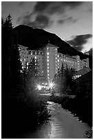 Chateau Lake Louise and stream at night. Banff National Park, Canadian Rockies, Alberta, Canada ( black and white)