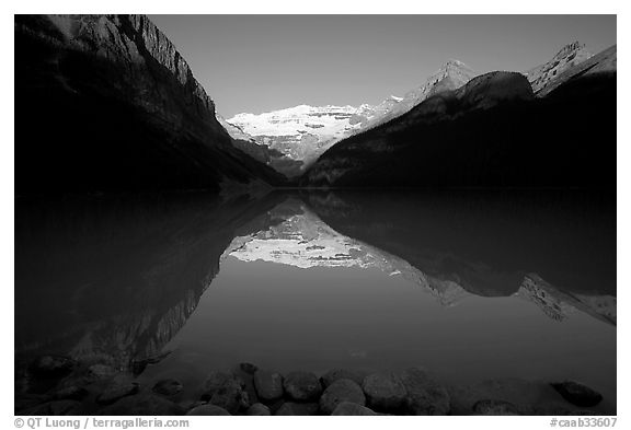 Lake Louise and Victoria Peak, early morning. Banff National Park, Canadian Rockies, Alberta, Canada (black and white)