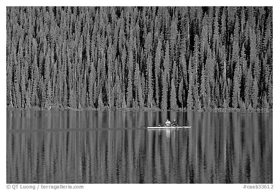 Rower on Lake Louise with forest reflection, early morning. Banff National Park, Canadian Rockies, Alberta, Canada (black and white)