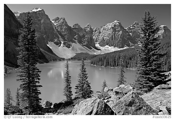 Wenkchemna Peaks above Moraine Lake , mid-morning. Banff National Park, Canadian Rockies, Alberta, Canada (black and white)