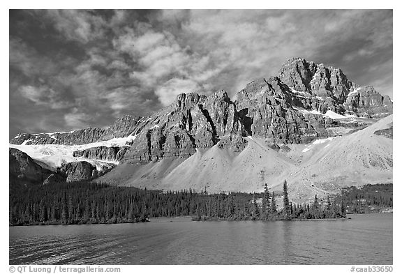 Crowfoot Mountain and Crowfoot Glacier above Bow Lake. Banff National Park, Canadian Rockies, Alberta, Canada (black and white)
