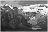 Distant view of Lake Louise and  Victoria Peak. Banff National Park, Canadian Rockies, Alberta, Canada (black and white)