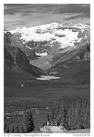 Observation platform, Lake Louise and  Victoria Peak. Banff National Park, Canadian Rockies, Alberta, Canada (black and white)