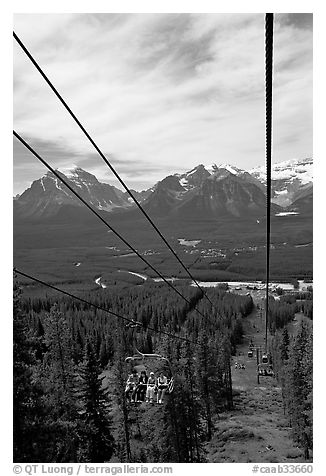 Tram at Lake Louise ski resort and Ten Peaks lodge. Banff National Park, Canadian Rockies, Alberta, Canada (black and white)