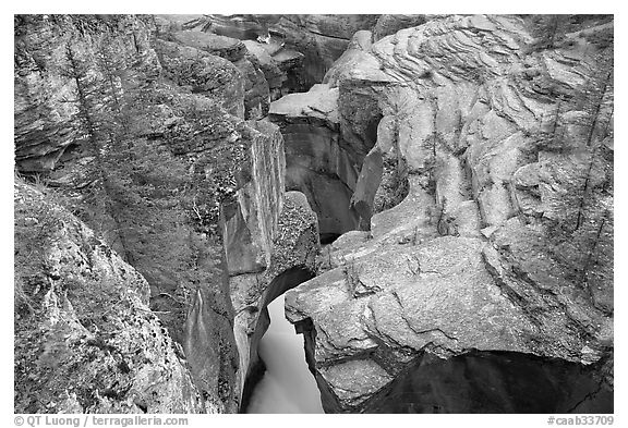 Narrow slot cut in limestone rock by river, Mistaya Canyon. Banff National Park, Canadian Rockies, Alberta, Canada (black and white)
