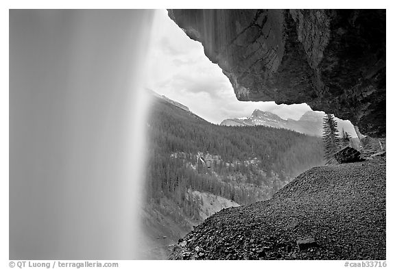 Panther Falls and ledge, seen from behind. Banff National Park, Canadian Rockies, Alberta, Canada (black and white)