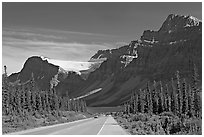 Road, Bow Lake, and Crowfoot Glacier, Icefieds Parkway. Banff National Park, Canadian Rockies, Alberta, Canada ( black and white)