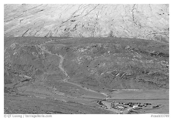 Terminal moraine with path leading to Athabasca Glacier. Jasper National Park, Canadian Rockies, Alberta, Canada (black and white)