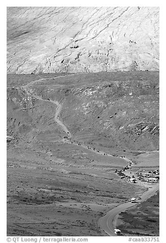 Road and trail leading to Athabasca Glacier. Jasper National Park, Canadian Rockies, Alberta, Canada (black and white)