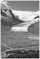 Icefields Center and Athabasca Glacier. Jasper National Park, Canadian Rockies, Alberta, Canada (black and white)
