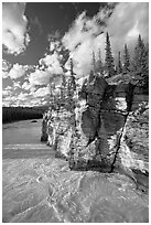 Athabasca River and cliff, late afternoon. Jasper National Park, Canadian Rockies, Alberta, Canada (black and white)