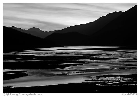 Flood plain of Medicine Lake, sunset. Jasper National Park, Canadian Rockies, Alberta, Canada (black and white)