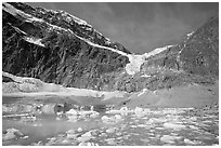 Cavell Pond and glaciers  at the base of Mt Edith Cavell, early morning. Jasper National Park, Canadian Rockies, Alberta, Canada (black and white)