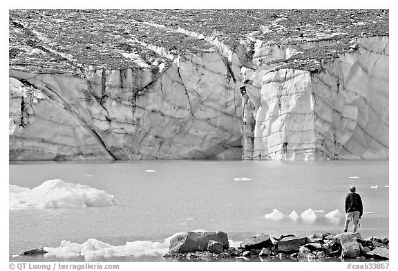 Hiker looking at the face of Cavell Glacier. Jasper National Park, Canadian Rockies, Alberta, Canada (black and white)