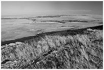 Plain seen from the top of the cliff, late afternoon, Head-Smashed-In Buffalo Jump. Alberta, Canada (black and white)