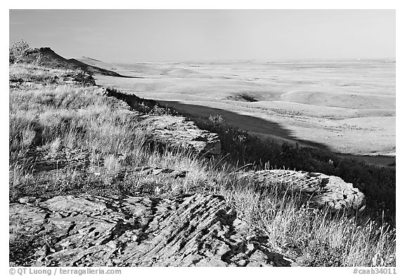 Prairie and foothills seen from the top of the cliff,  Head-Smashed-In Buffalo Jump. Alberta, Canada (black and white)