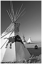 Teepee tents,  Head-Smashed-In Buffalo Jump. Alberta, Canada ( black and white)