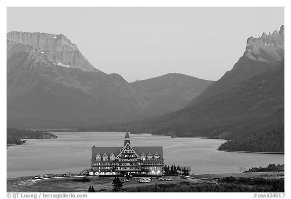 Prince of Wales hotel and upper Waterton Lake, dusk. Waterton Lakes National Park, Alberta, Canada (black and white)