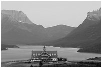 Prince of Wales hotel and upper Waterton Lake, dusk. Waterton Lakes National Park, Alberta, Canada ( black and white)