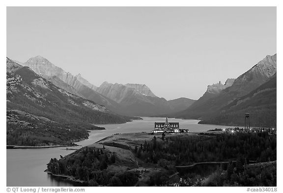 Prince of Wales hotel over Waterton Lakes, dusk. Waterton Lakes National Park, Alberta, Canada (black and white)