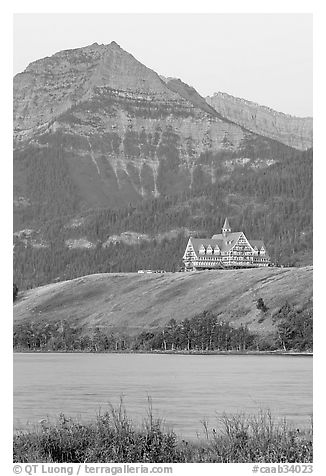 Prince of Wales hotel, lake and mountain, dawn. Waterton Lakes National Park, Alberta, Canada (black and white)