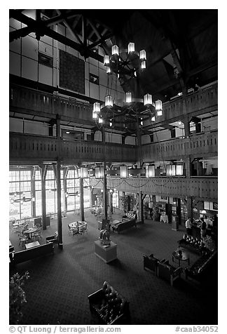 Lobby and chandelier of historic Prince of Wales hotel. Waterton Lakes National Park, Alberta, Canada (black and white)