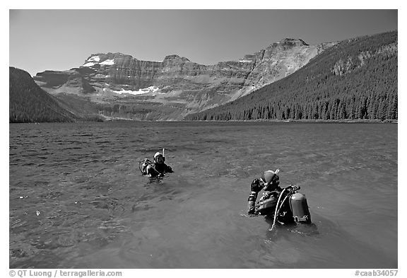 Scuba diving in a mountain Lake,. Waterton Lakes National Park, Alberta, Canada (black and white)