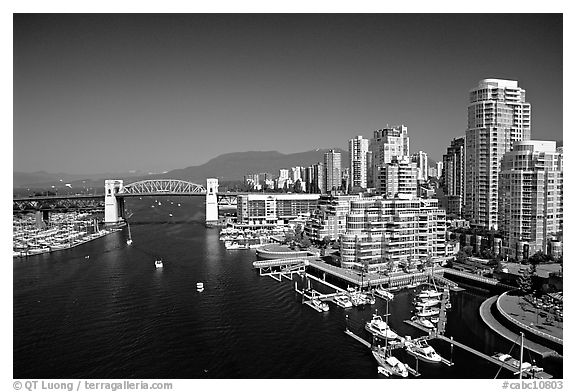 Burrard Bridge, harbor, and high-rise residential buildings. Vancouver, British Columbia, Canada (black and white)