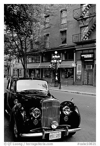 Classic car in Water Street. Vancouver, British Columbia, Canada (black and white)