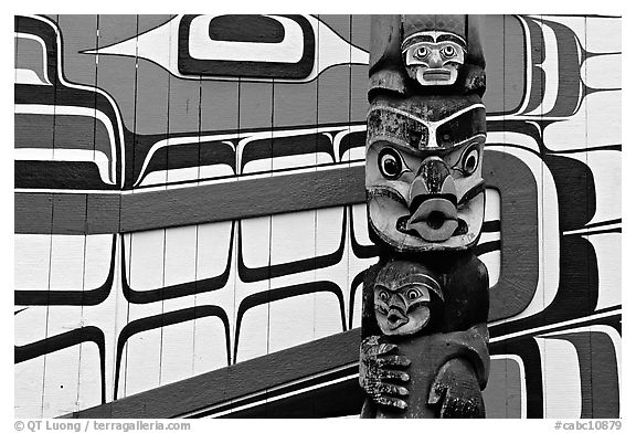 Totem and motif painted on the wall of carving studio. Victoria, British Columbia, Canada (black and white)