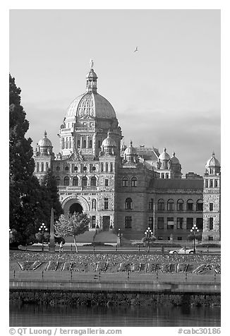 Legistlative buildings and Victoria written in flowers, morning. Victoria, British Columbia, Canada (black and white)