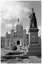 Queen Victoria and parliament building. Victoria, British Columbia, Canada (black and white)