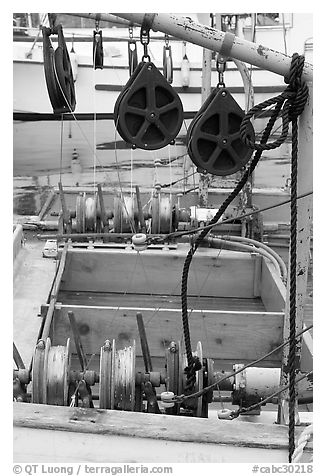 Fishing equipment on boat, Uclulet. Vancouver Island, British Columbia, Canada (black and white)