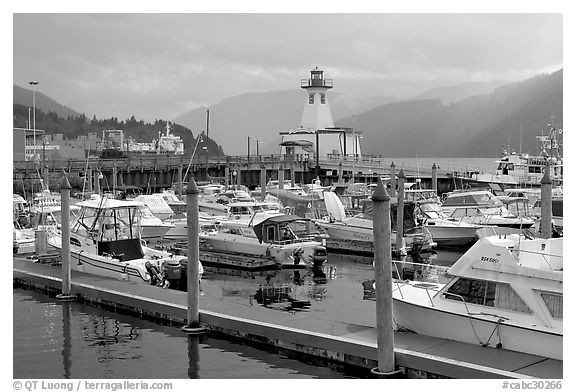 Yachts, harbour and lighthouse, Port Alberni. Vancouver Island, British Columbia, Canada (black and white)